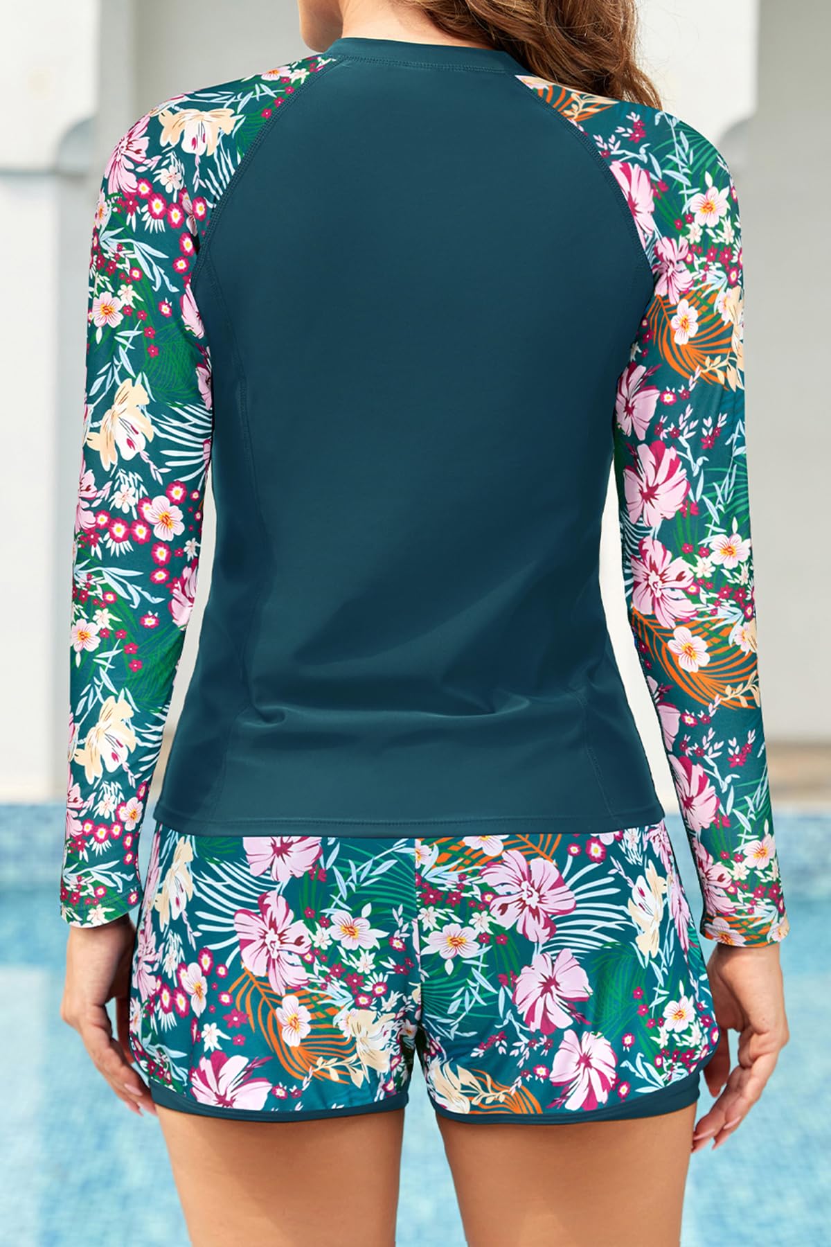 SHEKINI Traje de neopreno de manga larga con cremallera y brasier deportivo acolchado de 3 piezas para mujer, conjunto de traje de baño modesto