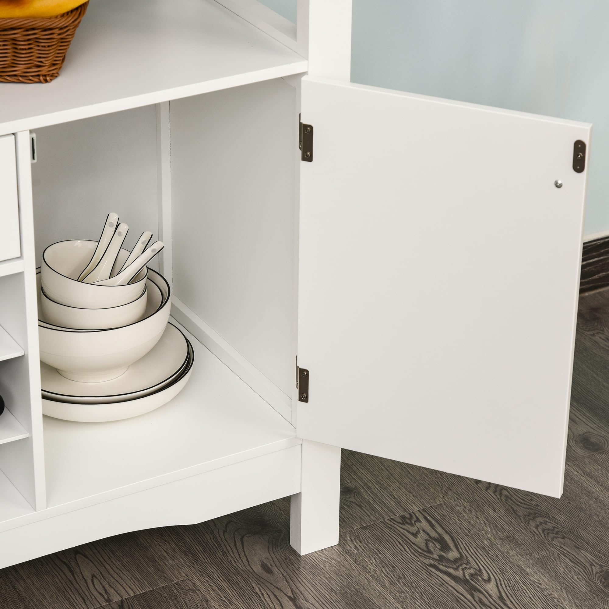 HOMCOM Aparador de Cocina con 1 Cajón 2 Puertas 116,5x40x82,5 cm Blanco | Mueble Buffet Auxiliar, 1 Estante Abierto, Botellero para 12 Botellas, Armario de Almacenamiento para Salón, Bar