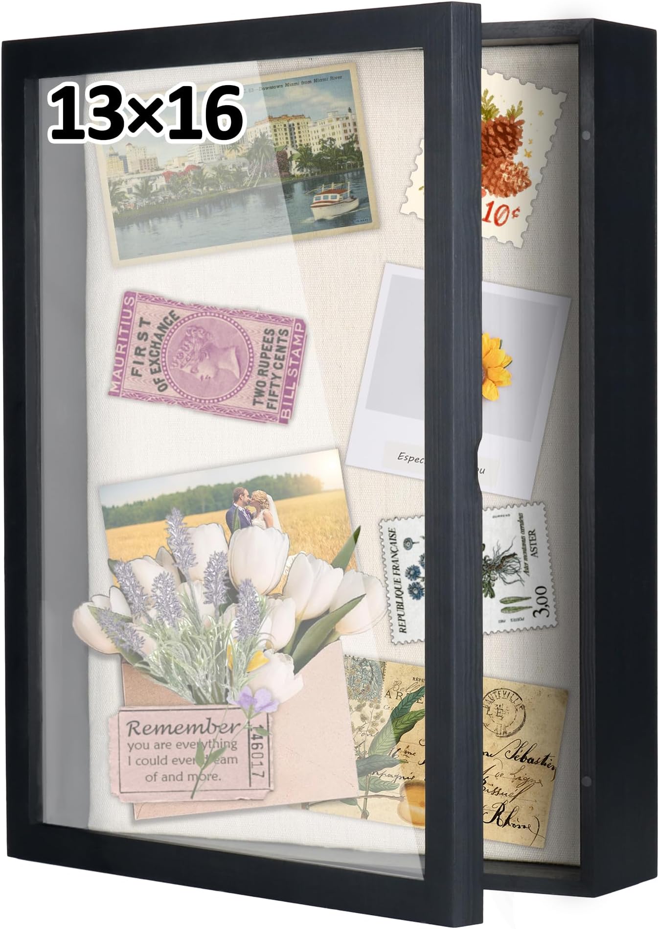 Alyoen 13 x 16 Shadow Box Frame, Large Shadow Boxes Display Cases, Deep Picture Flower Frames, Black Memorial Shadow Box with Linen Back & Push Pins for Wall, Tabletop