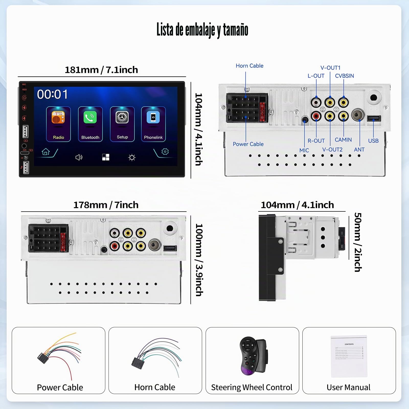 SIXWIN 1 DIN Radio Coche con Wireless CarPlay & Android Auto & Mirror Link,7 Pulgadas Pantalla Táctil Estéreo con Bluetooth RDS/FM 2USB TF Puerto/Aux/Youtube+Controllo del Volante