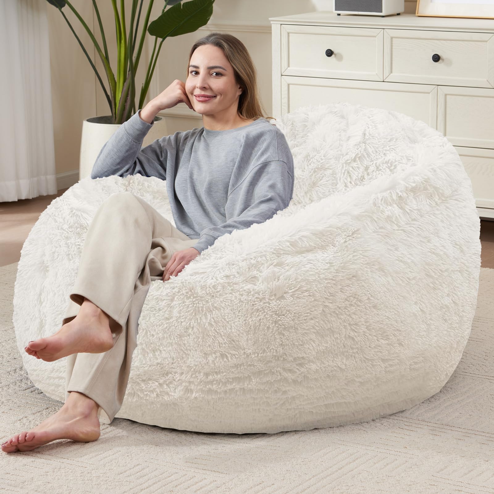 Stuffed Animal Storage Bean Bag (Cover Only), Adult Bean Bag Chair Covers Machine Washable, White Bean Bag Chair Without Filler Included