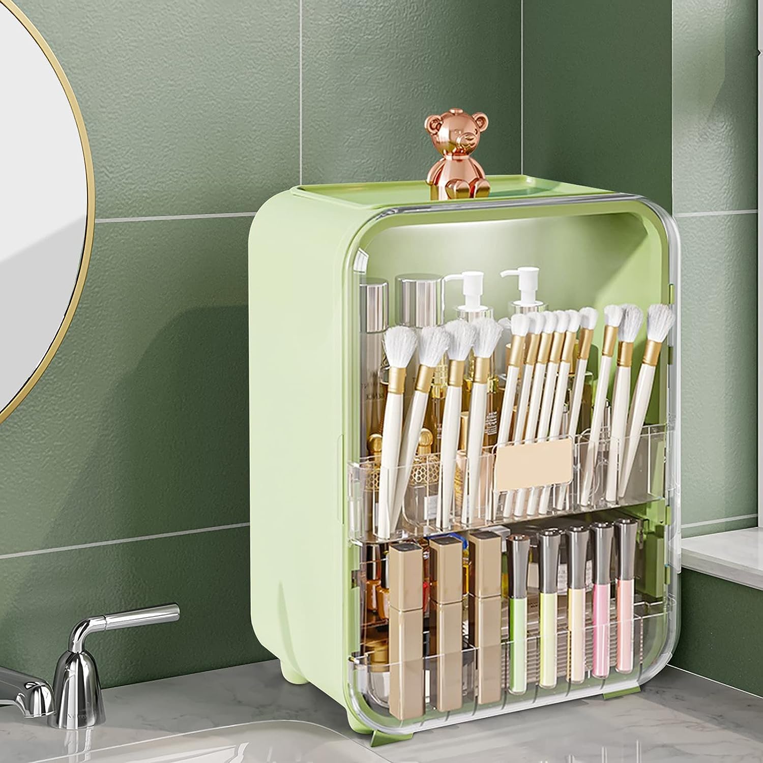 Wielofunkcyjna kosmetyczka z serii Pink Bear Pyłoszczelny organizer na kosmetyki, kosmetyczny organizer na biżuterię do pielęgnacji skóry Etui na szminki ze światłem LED - różowy (Color : Green)