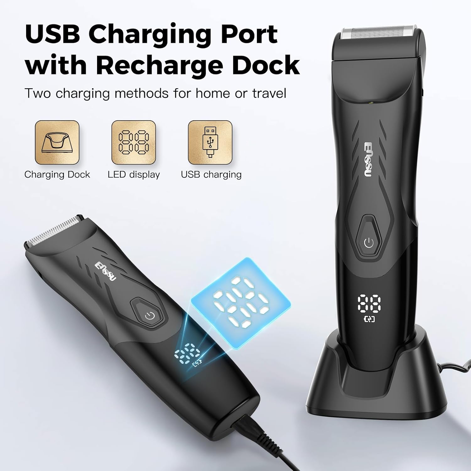 ENSSU 2-in 1 Body Hair Trimmers for Men, Pubic Groin Hair Trimmer for Men with Dual-Head Trimmer & Foil Blade, Electric Ball Trimmer Razors w/Light, Charging Dock, Waterproof Body Groomer Shaver Kit