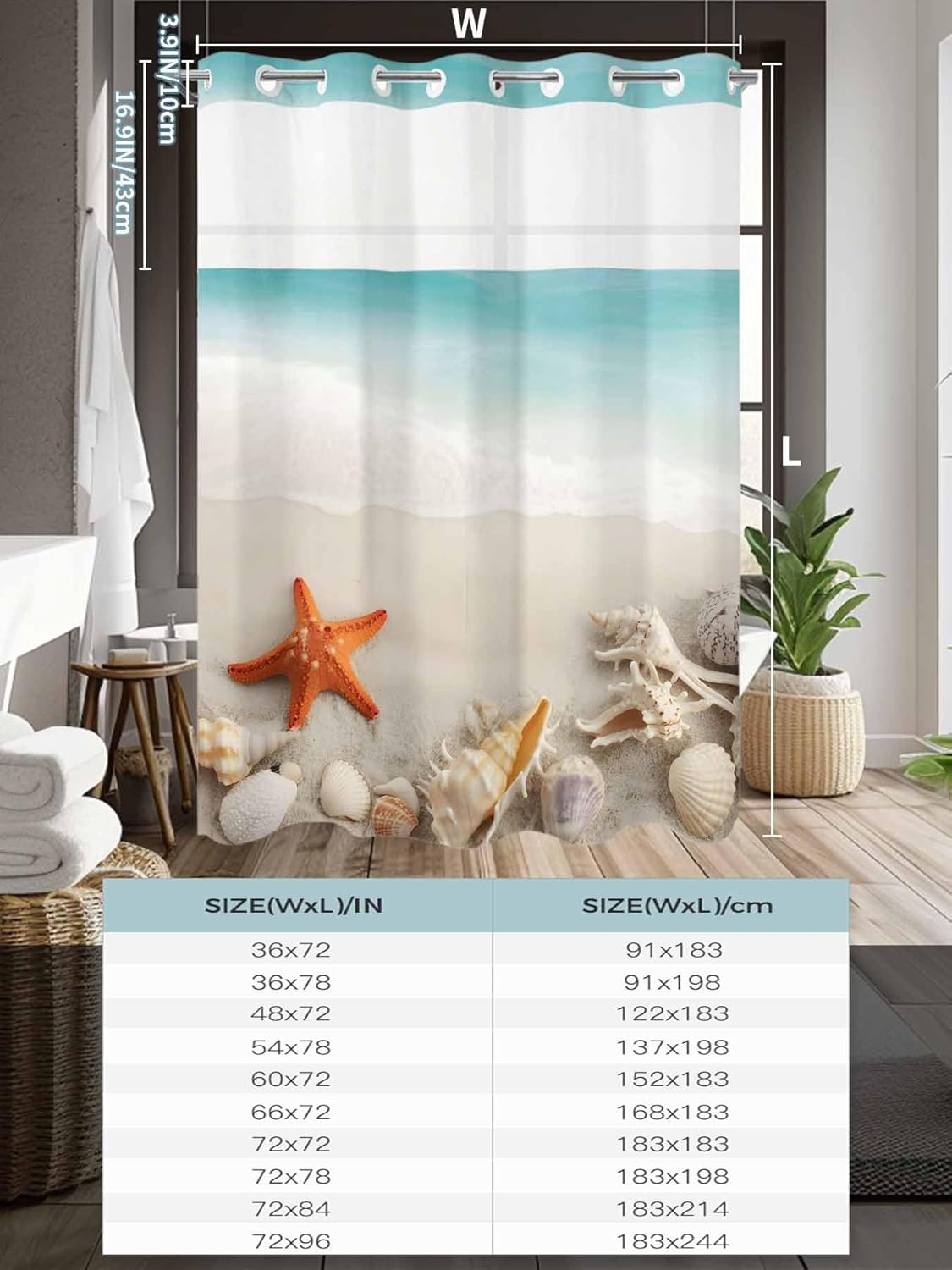 No Hook Shower Curtain, Summer Oceans Beaches Stall Bathroom Curtains with Snap in Liner, Sea Waves Starfish Shells Coastal Waterproof Washable Fabric Shower Curtain Set, 48" x 72"