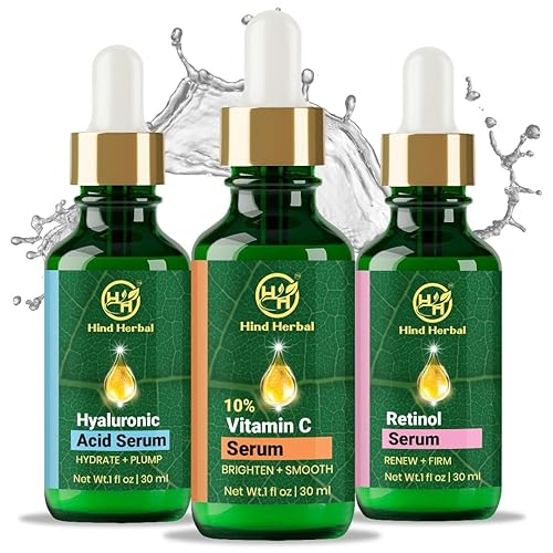 Hind Herbal Set de 3 suero de retinol con ácido hialurónico mejorado con vitamina C (1 onza líquida cada uno), iluminador, reafirmante y hidratante