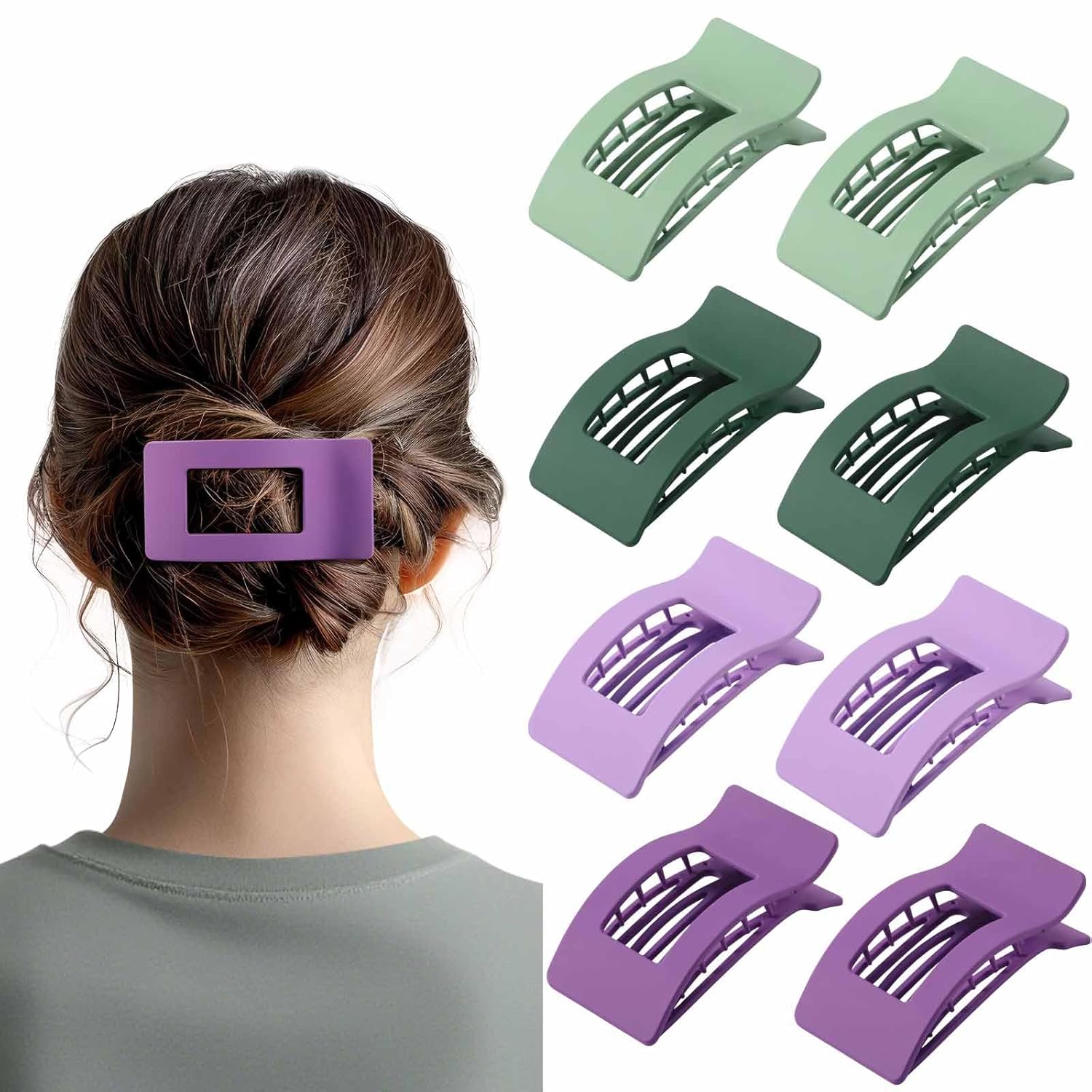 8 Pack French Flat Hair Clips for Women – Large Matte No-Slip Claw Barrettes for Thick & Thin Hair, Strong Hold Styling Accessories (Green and Purple)