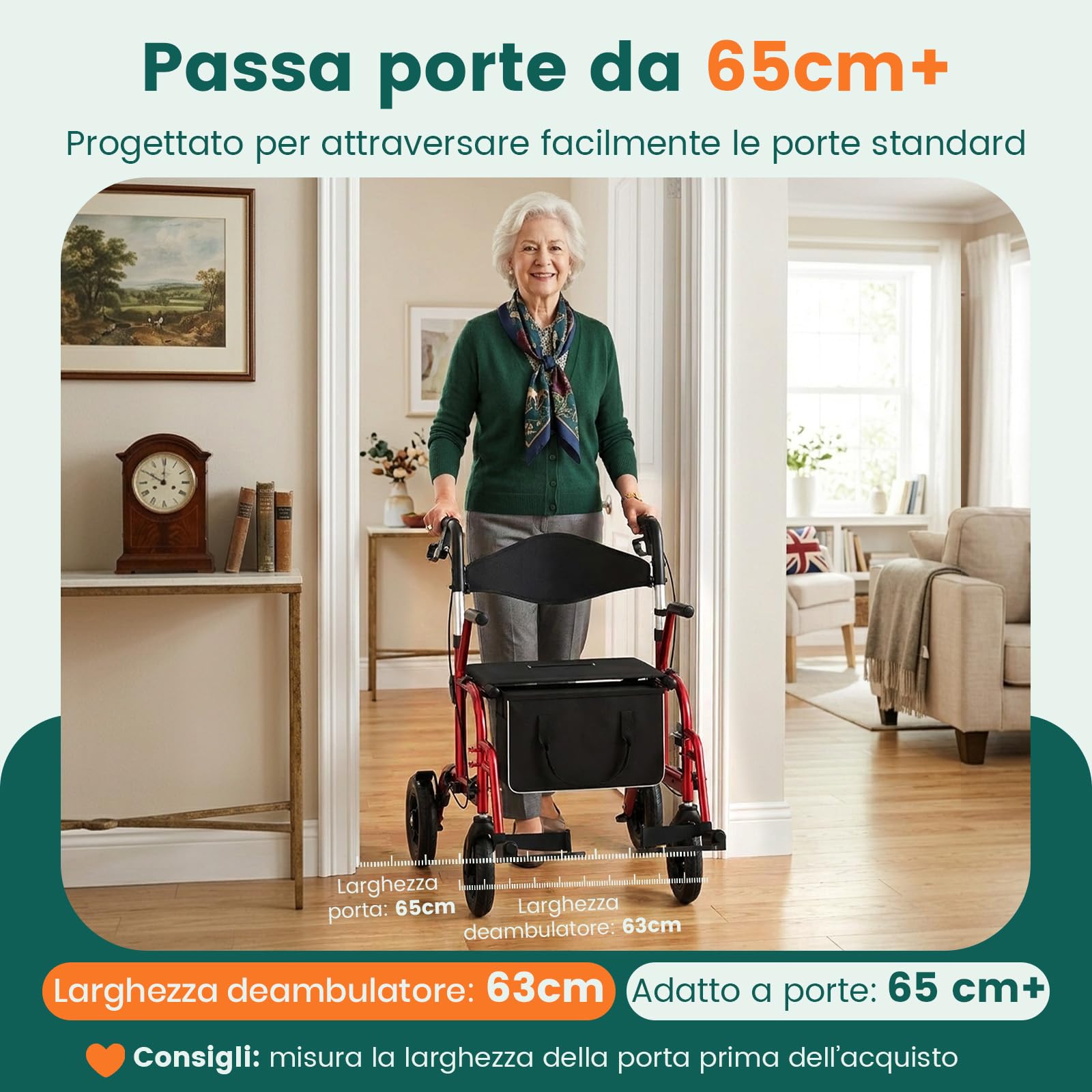 Rollator con seduta 2-in-1, Rollator 4 ruote & Sedia da trasporto, Portata 136 kg, Ruote TPU 8"" anteriori & 10"" posteriori, Doppio freno, Pieghevole, Altezza regolabile, Borsa portaoggetti – Rosso