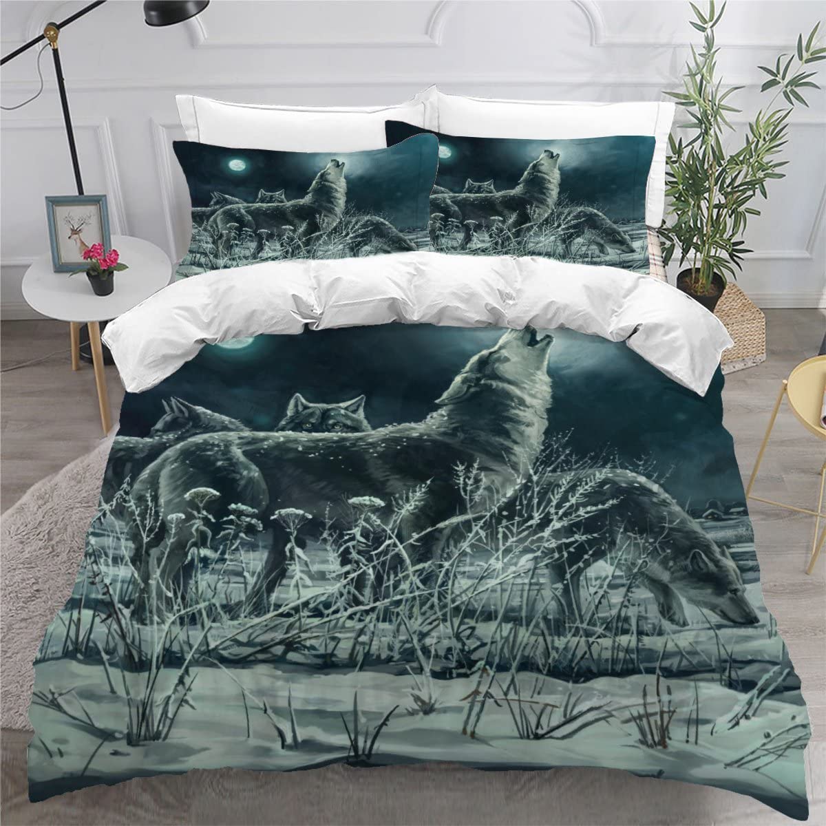 Housse de couette loup 220x240 cm parure de lit 3 pièces en microfibre pour lit 2 personnes