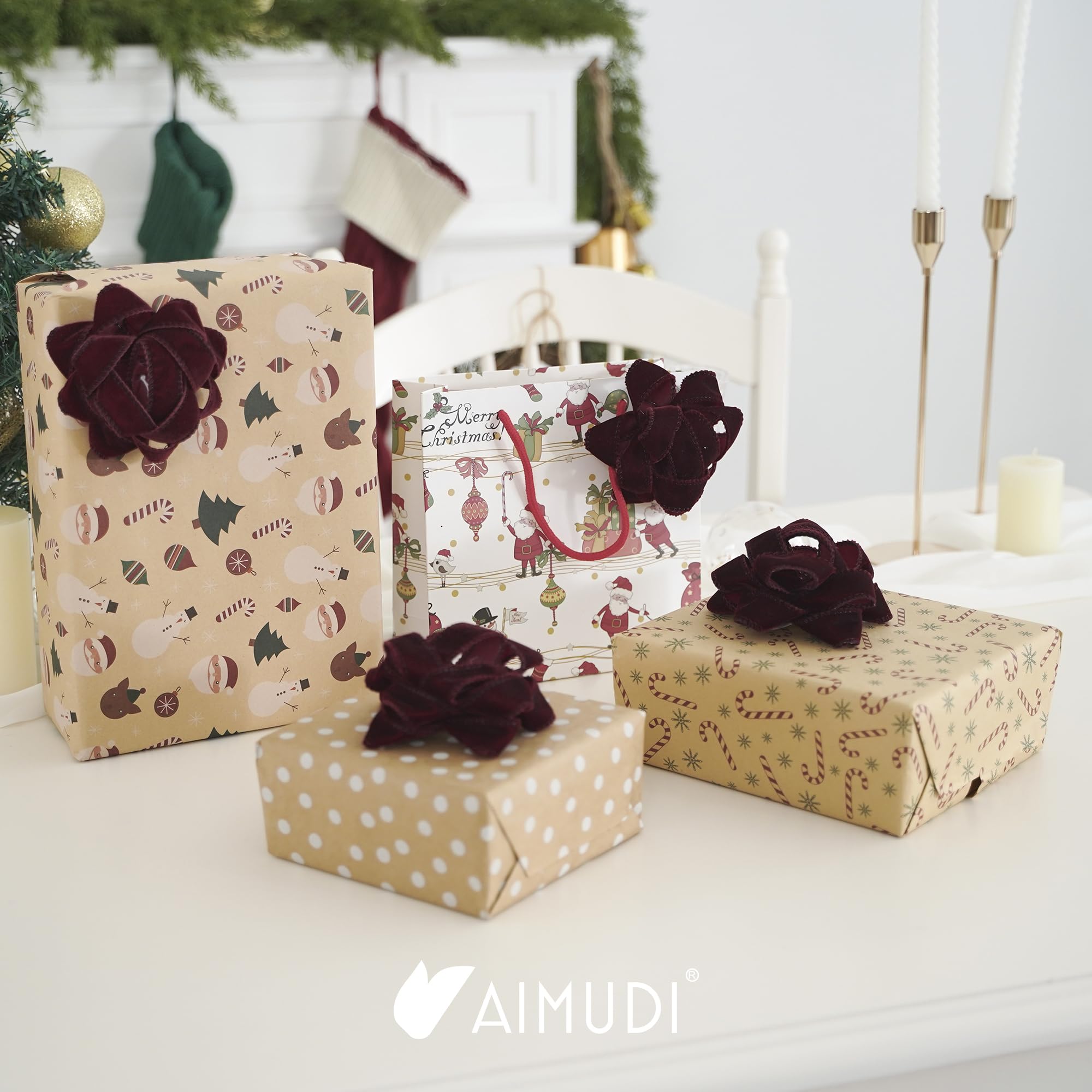AIMUDI Geschenkschleifen aus Samt mit Draht, 11,4 cm, Weihnachtsschleifen für Geschenkverpackungen, selbstklebende Geschenkpapierschleifen für Party, Urlaub, Weihnachtsdekoration, 6 Stück