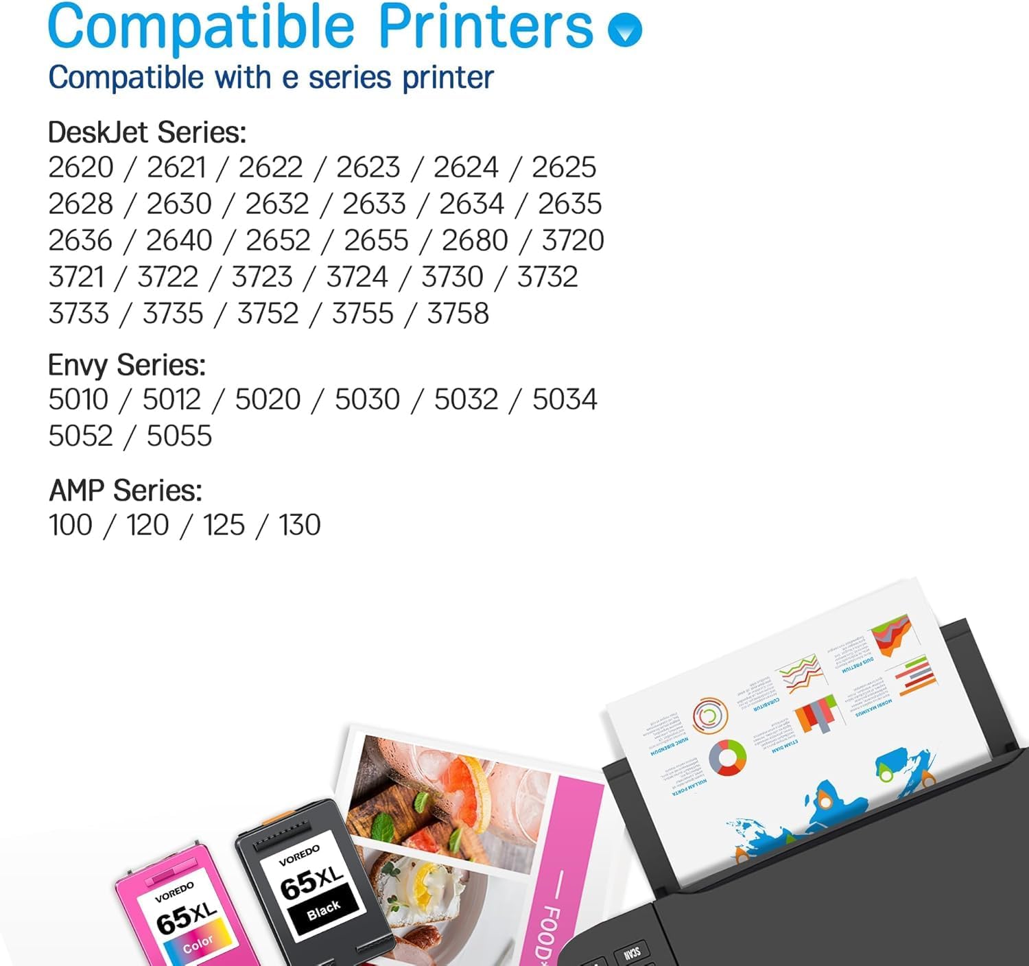 65XL 65 Ink Cartridges Black/Color Combo Pack | for HP Ink 65 65 XL | Works for HP Deskjet 3700 3755 3752 3772, Envy 5055 5058 5052 5032 5000 Series | T0A36AN | 2 Pack, 1 Black, 1 Color