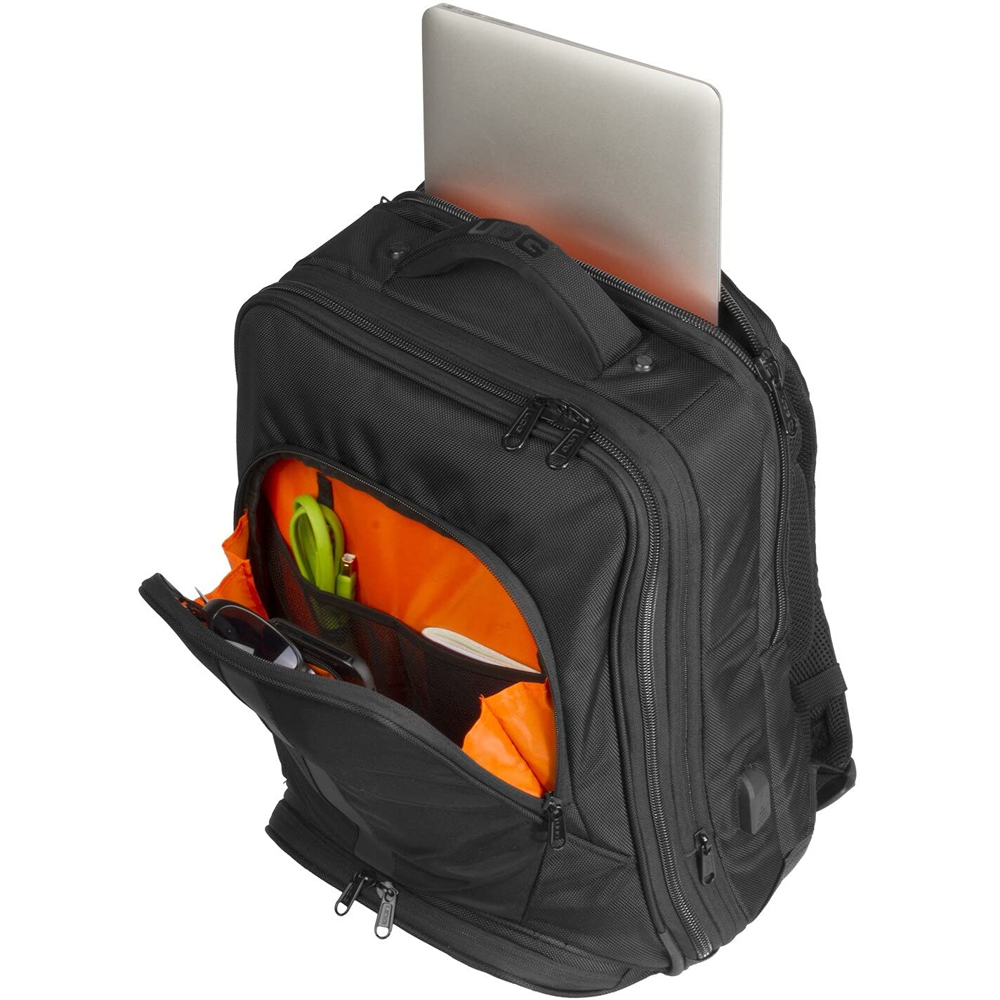 UDG Ultimate Backpack Slim Schwarz, innen Orange (U9108BL/OR) | 17-Zoll-Laptop und Controller in einer Tasche transportieren; wasserabweisendes Nylon; gepolsterte Fächer; Organizer