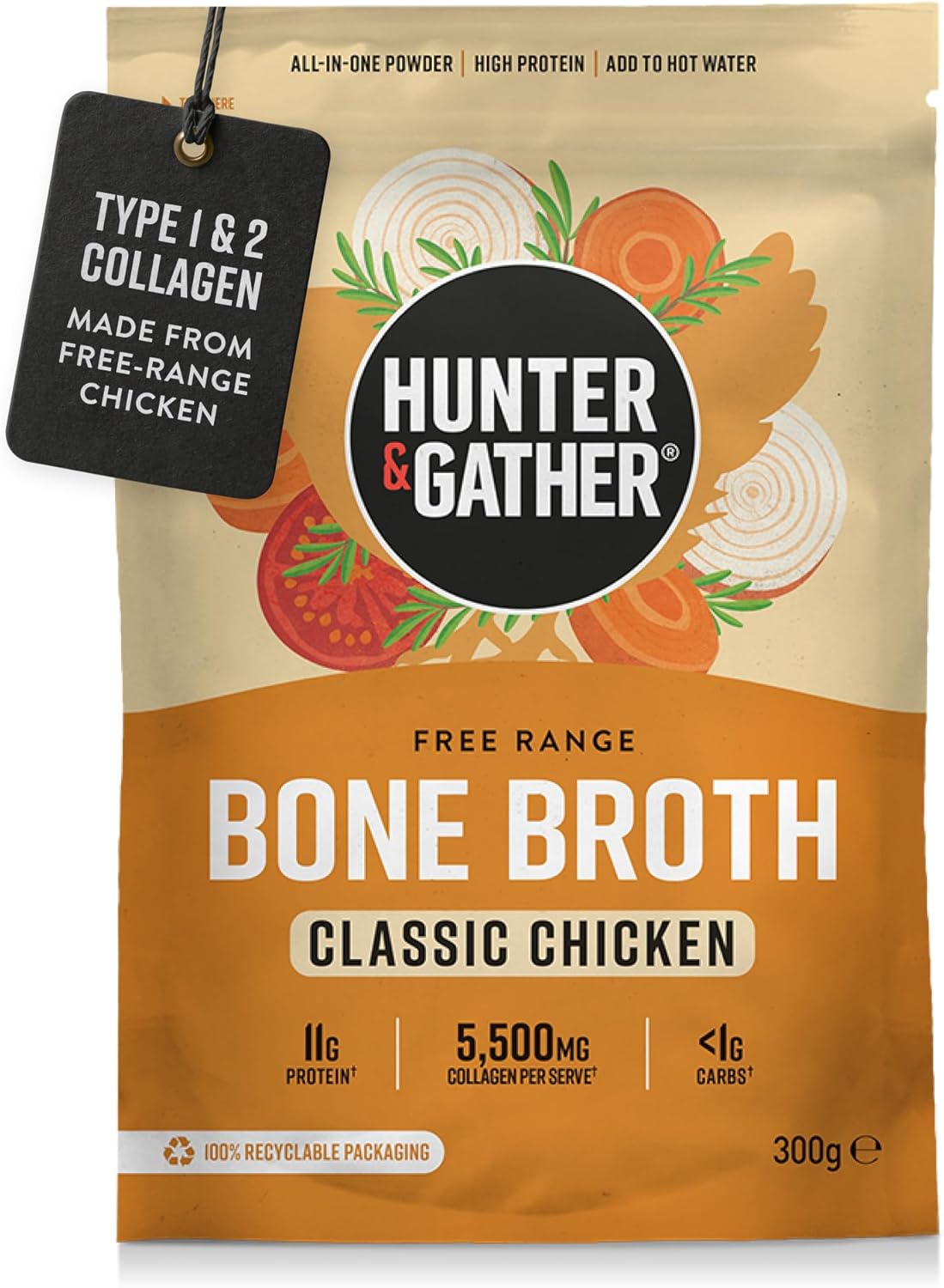 Hunter & Gather Chicken Bone Broth Powder | 11g Protein | 5.5g Type 1 & 2 Collagen | Free-Range Chicken | 49 kCal | Savoury Drink/Stock Alternative | Supports Gut, Skin, Hair & Nails | 20 Servings