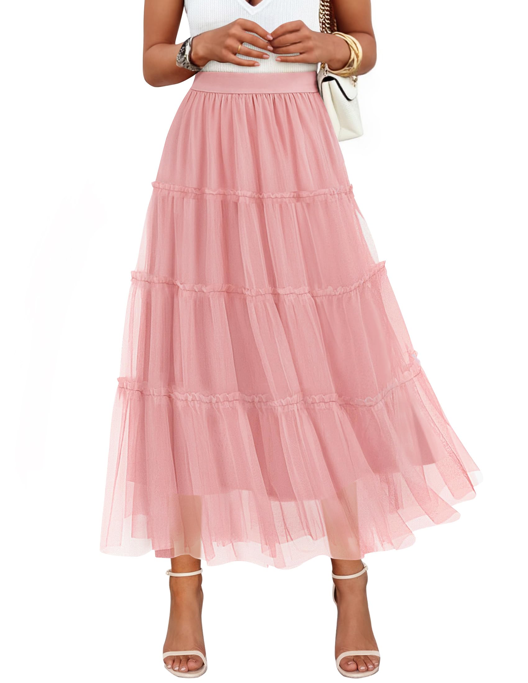 ZESICA Womens Tulle Maxi Skirt A-Line Flowy Ruffle Tiered Elastic High Waist 2026 Fall Trendy Midi Long Skirts