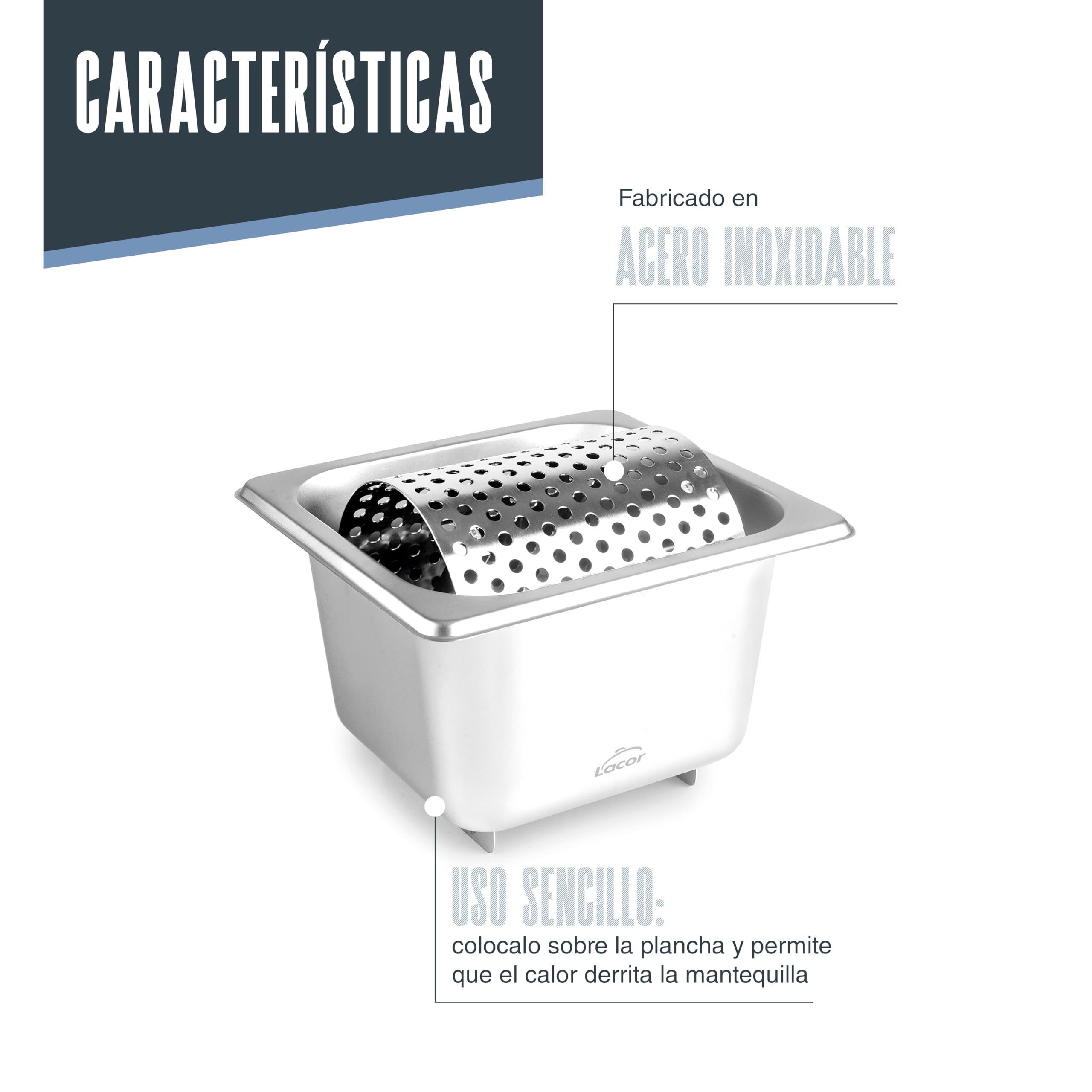 Lacor - 66001 - Rodillo de Mantequilla, Acero Inoxidable, Cubeta GN 1/6 de 1,6 Litros, Rueda Extraíble, Diseño Ergonómico, Ideal Para Untar en Pan o Hamburguesas