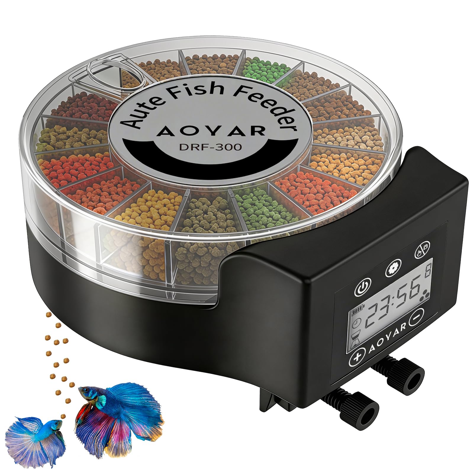 Automatic Fish Feeder Dispenser for Aquarium: Auto Precision Food Feeding 300ml Large Capacity for Powder Flakes Pellet, Battery Feeders Timer for Small Tank Turtle Betta Koi Vacation Weekend Day