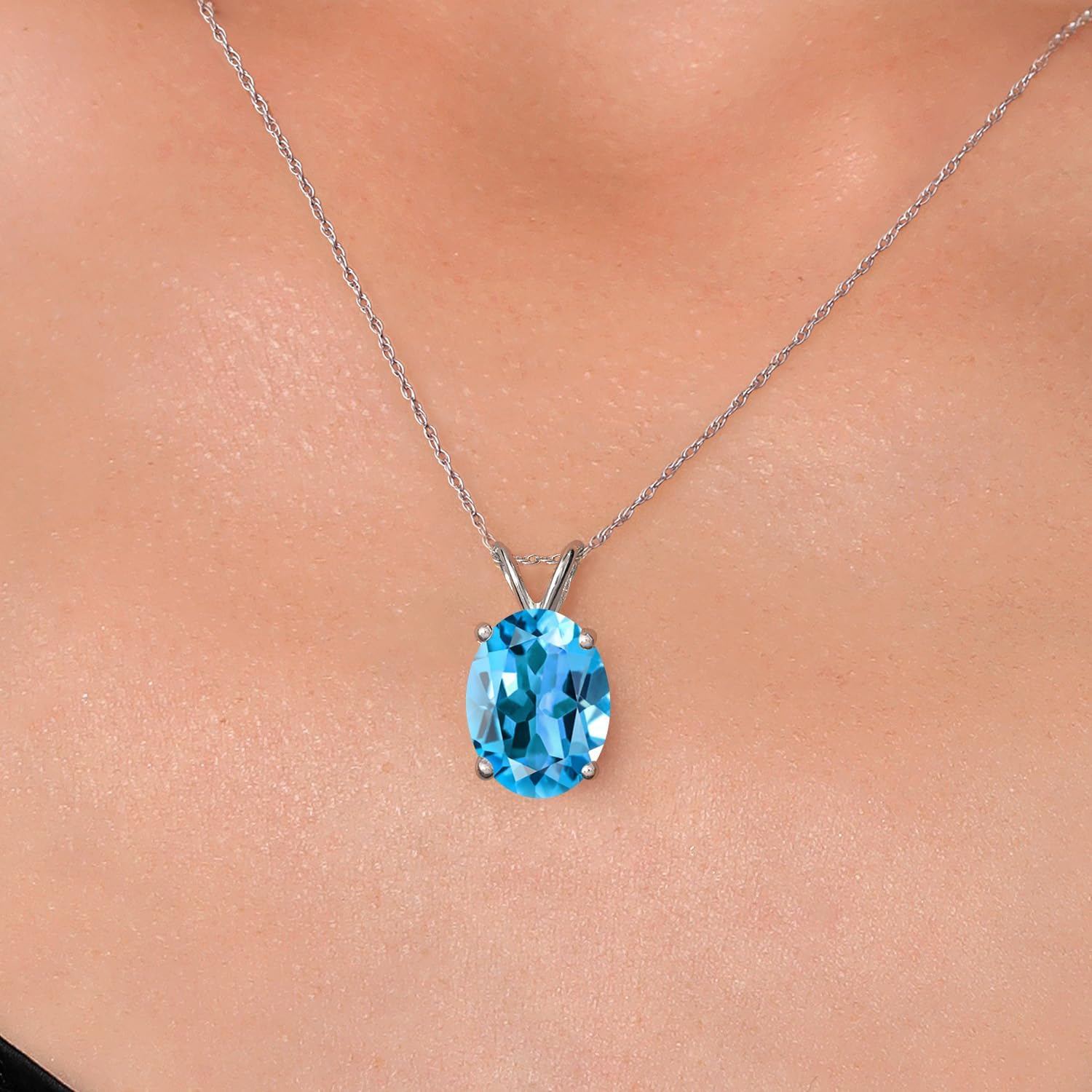 Gem Stone King 14K White Gold Swiss Blue Topaz Pendant Necklace for Women | 6.30 Cttw | Gemstone November Birthstone | Oval 12X10MM | With 18 Inch Chain - Image 3