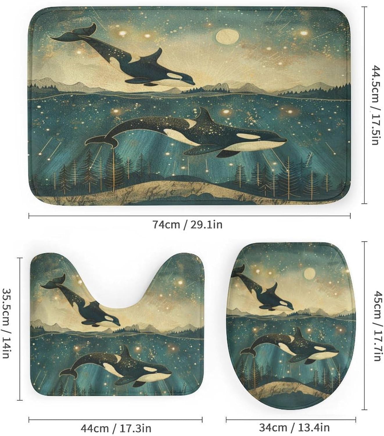 4Pcs Underwater Orcas Whale Shower Curtain, Starry Sky Star Moon Shower Curtain Sets with Toilet Lid Cover, U-Shaped Mat and Non-Slip Rugs, Bathroom Decor Set, 72" x 72"