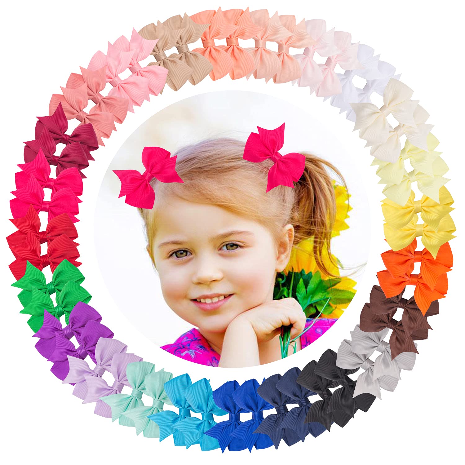 VINOBOW Hair Bows for Toddler Girls Infant,2.75 Inch Pigtail Hair Bows,Baby Hair Accessories,Baby Hair Clips 48Pcs(24Colors)