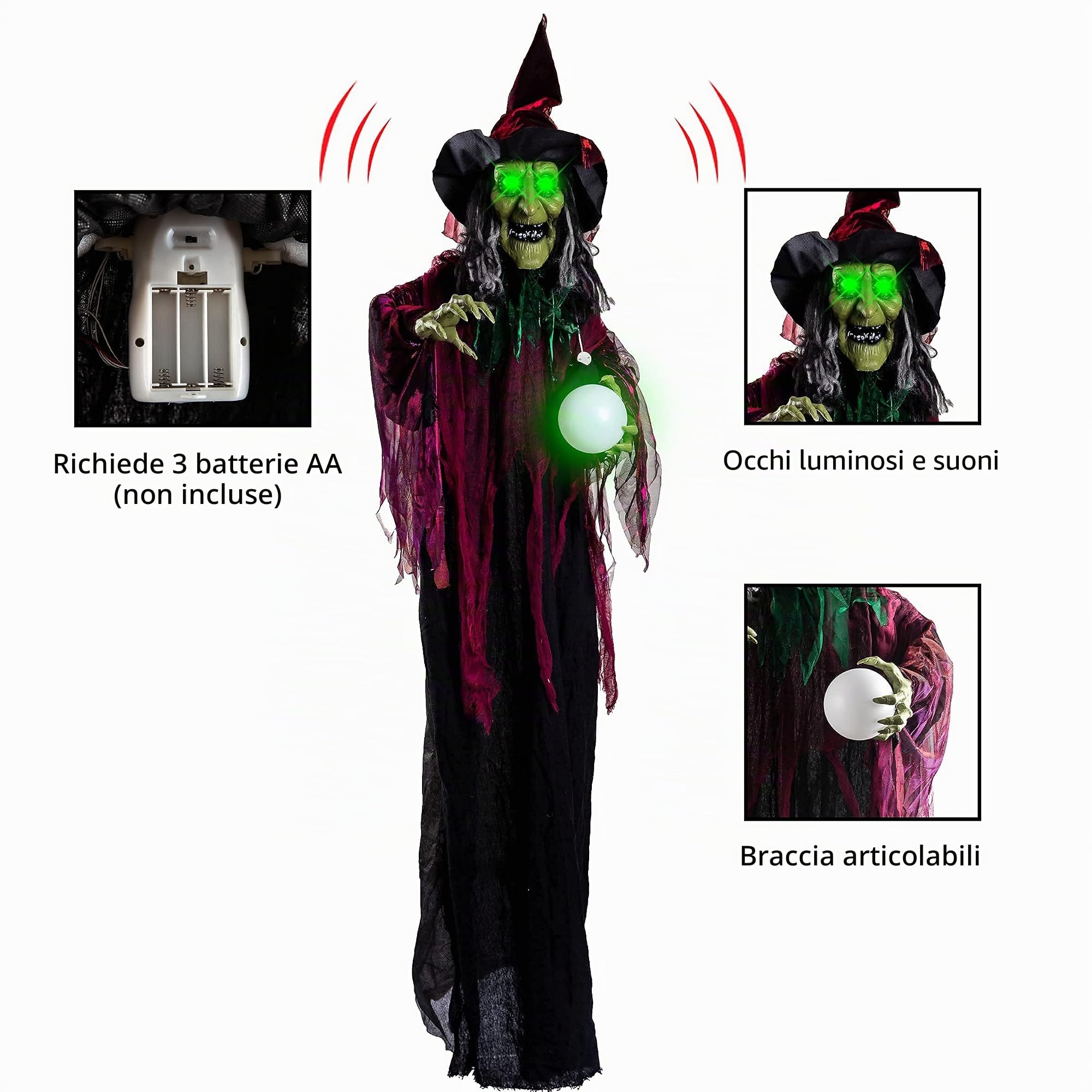 JOYIN Decorazione per Halloween, Strega Animata con Occhi LED e Suono, 180 cm, Per Cortile e Patio