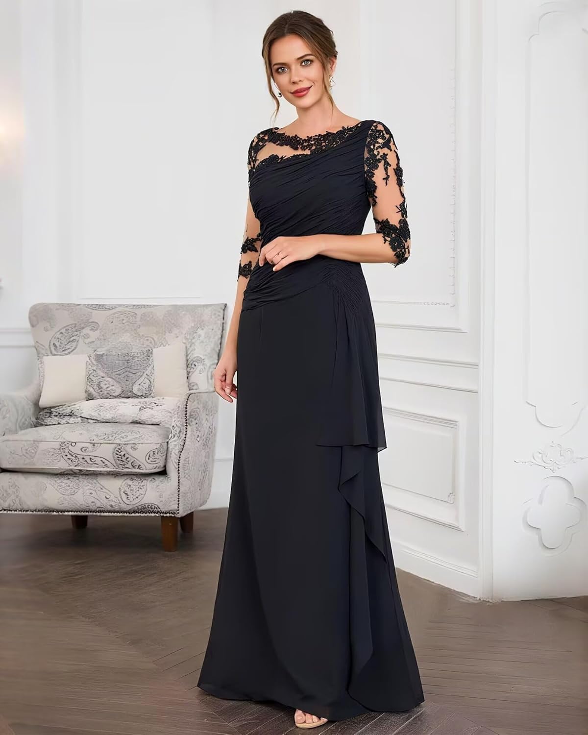 Mother of The Bride Dresses Lace Appliques Wedding Guest Dresses Chiffon Ruched Formal Dress 3/4 Sleeves