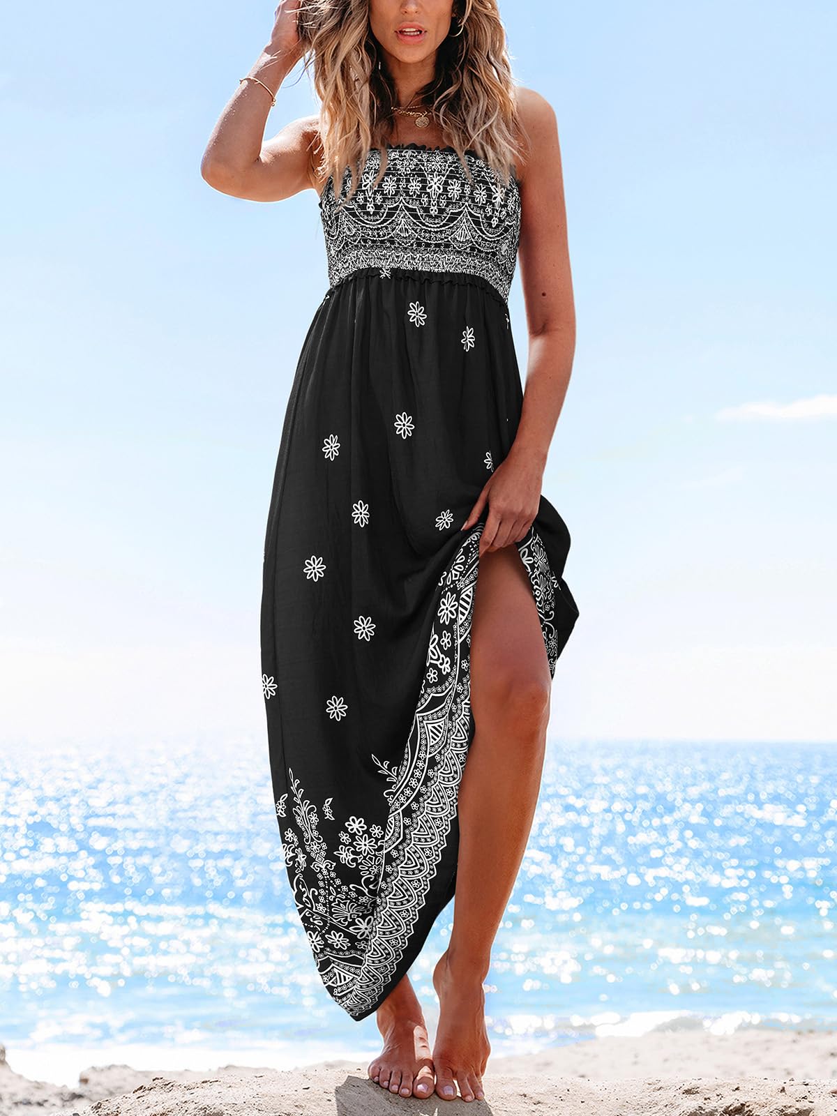 CUPSHE, Maxi abito estivo da donna con motivo floreale e punto smock, senza maniche, increspato, con spalline sottili, abito elegante da spiaggia