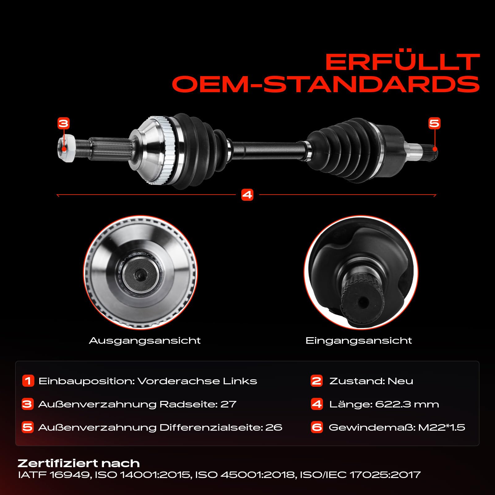 Frankberg Eje motriz Eje de transmisión Caja de cambios manual con ABS-Ring Eje delantero Izquierda Compatible con Cougar EC 2.5L 1998-2001 Mondeo II BAP 1.6L-2.5L 1996-2000 Replace# 5029040