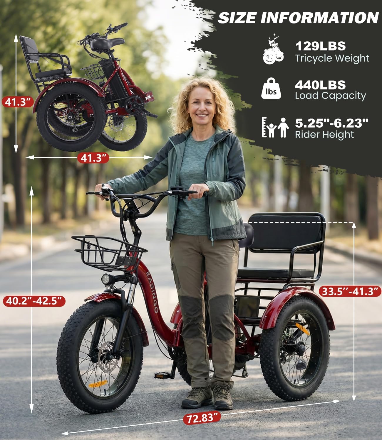 Two Seater Electric Tricycle for Adults Peak 1350W 48V20Ah Etrike 20"x4" Fat Tire Electric Trike 3-Wheel Folding Electric Tricycle Large-Capacity Bike Basket