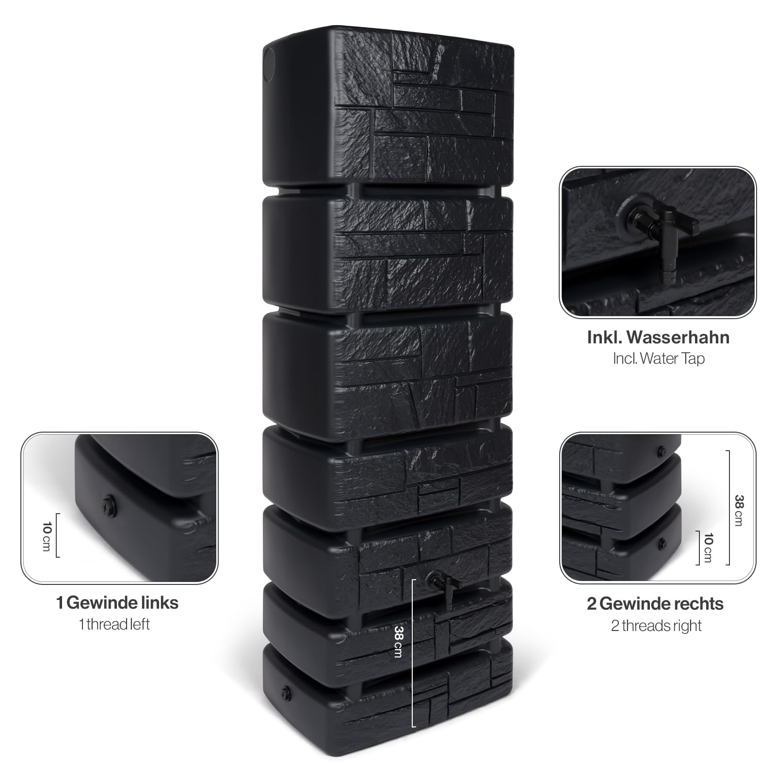 Kreher Wassertonne XXL Tower Stone mit Wasserhahn (Anthrazit) | Regentonne in Stein-Optik, 350 L, Maße 57,5 x 38,4 x 180 cm, zur Gartenbewässerung