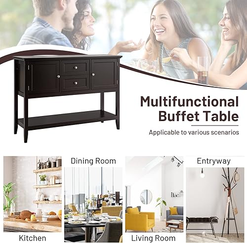 Miniatura 8 de Buffets y aparadores de madera, armario de buffet con 2 cajones de almacenamiento, mesa consola con estante inferior largo y patas de pino, gabinete