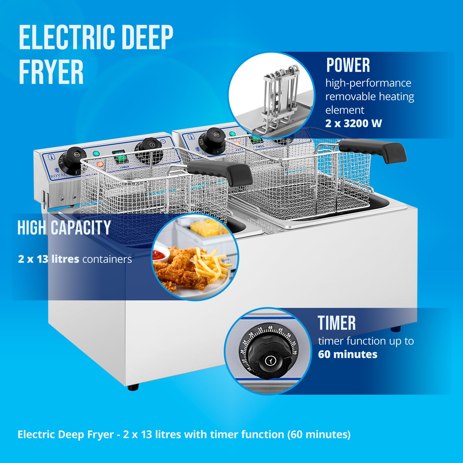 Royal Catering Freidora Eléctrica 2 x 13 Litros RCTF-13DH (Potencia 2 x 3.200 Watt, Temporizador 60 Minutos, Cuba Extraíble Acero Inoxidable)