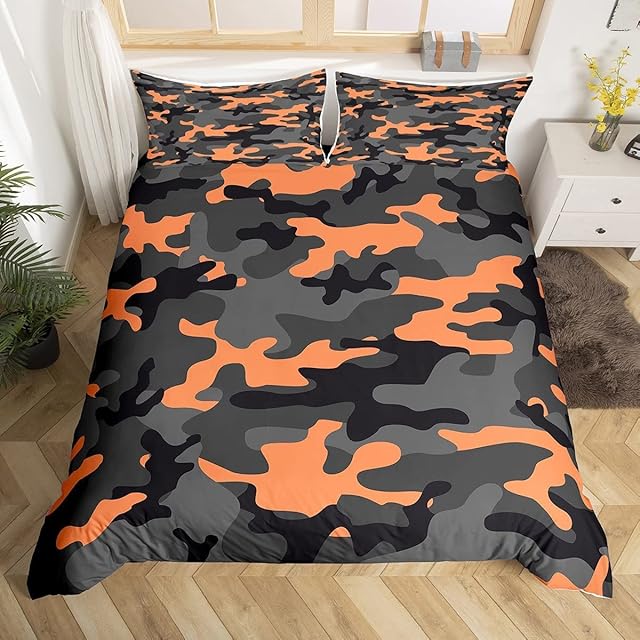 Army Camouflage Bedding Set Teens Camo Duvet Cover Set for Kids Boys Girls Colorful Comforter Cover Orange Black Grey Quilt Cover 3Pcs Double Size
