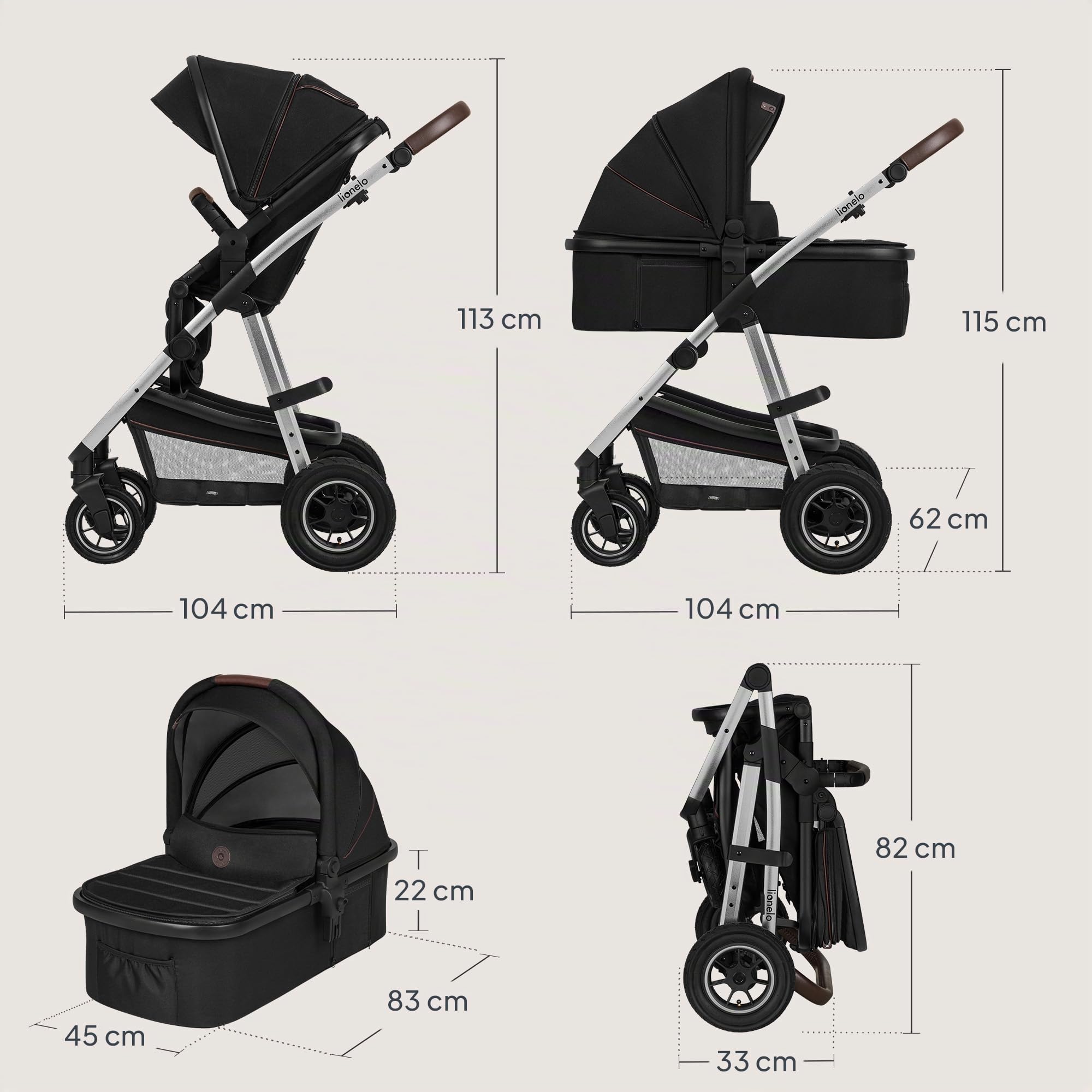 LIONELO Amber Passeggino Trio 3 in 1 da 0 a 48 Mesi fino a 22 kg | Set Passeggino + Navicella + Ovetto per Neonati e Bambini, Regolabile e Pieghevole, Ruote Grandi, Cappottina XXL