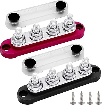 Ampper 4 M8 Studs Power Distribution Block BusBar, 4.3" Red & Black