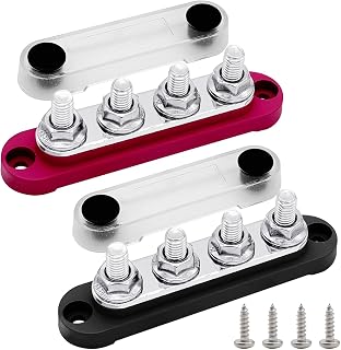 4 x M8 (5/16") Studs Power Distribution Block Bus Bar 12V, Ampper 4.3" 200A Marine BusBar Battery Distribution Block W/Cover for Car Boat Solar (Red & Black)
