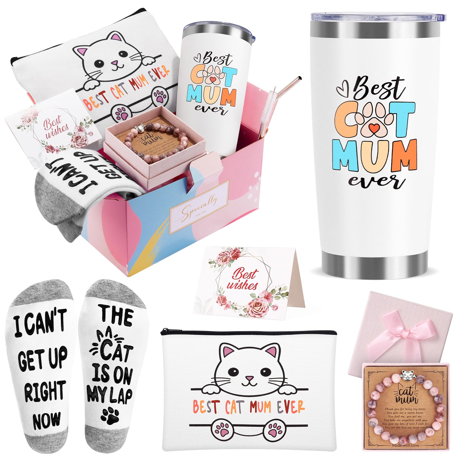 Cat Gifts for Women - Cat Lover Themed Basket with 20 oz Mug Cup, Makeup Bag, Natural Stone Bracelets, Socks for Mother's Day, Birthday, Christmas