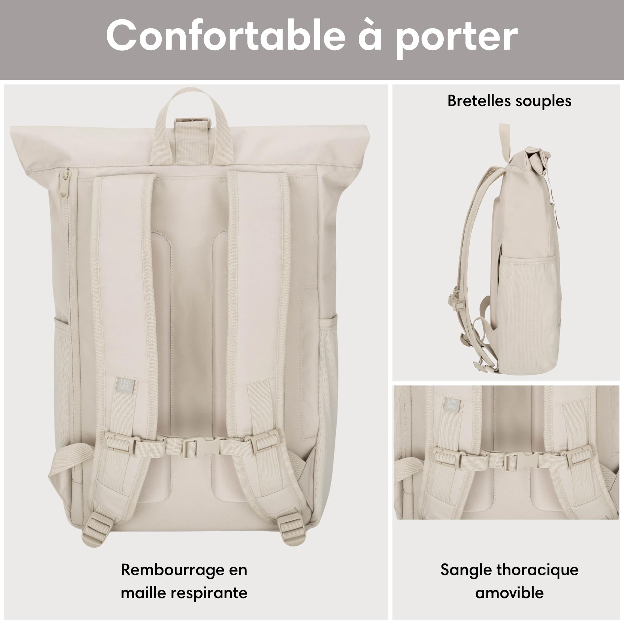 Larkson Sac à Dos Roll Top Femmes & Hommes Beige - No 2 - Backpack pour l'École, l'Université - Compartiment Ordinateur Portable 16 Pouces - Hydrofuge
