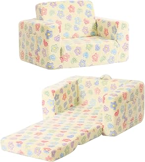 2-in-1 Kids Sofa, Convertible Children Couch to Lounger, Flip Out Kids Chair, Toddler Armrest Chair Bed, Folding Kid Play Sofa for Girl or Boy, Flower