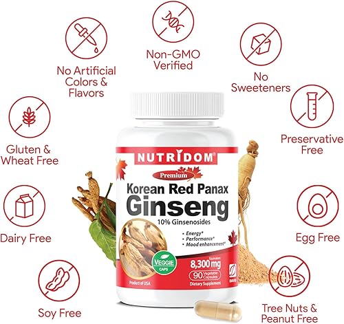 Miniatura 5 de Nutridom Panax Ginseng rojo coreano 8,300 mg por día, 10% de ginsenósidos, sin OMG, vegano, sin gluten, sin soja y sin lácteos, 90 cápsulas vegetales