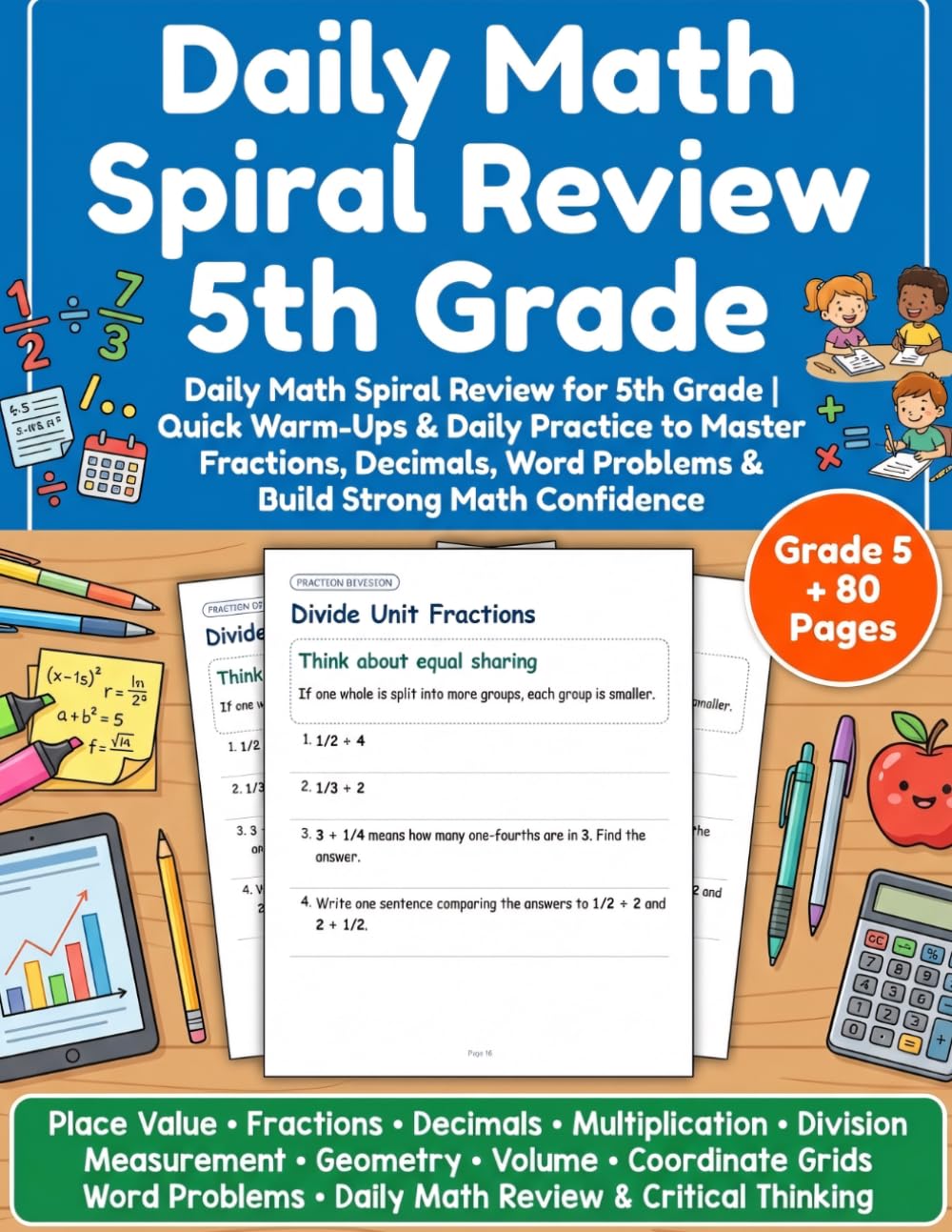 Daily Math Spiral Review 5th Grade: Daily Math Practice, Warm-Ups & Spiral Review to Build Strong Number Sense, Fractions, Decimals, Problem Solving & ... (Daily Math Spiral Review 1 to 12 Grades)