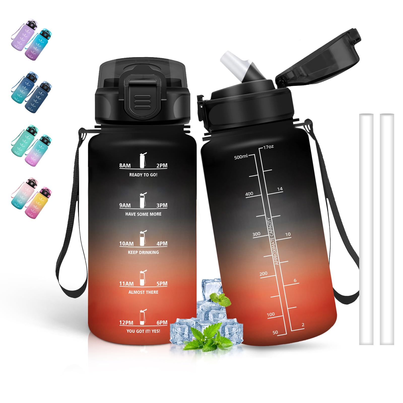 Grsta Kids Water Bottle 0.5 Litre Water Bottles with Straw Leakless Motivational Water Bottles with Time Scale Easy Clean for School Camping Travel Black-Red