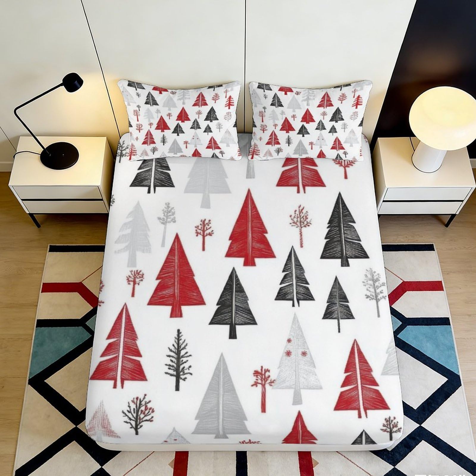 Jqzkxnhpbr Style-4 3D Printed Red Black Christmas Tree Fitted Sheet Microfiber Soft Bed Cover For Bedroom Guestroom Decor Washable 90X200x25cm