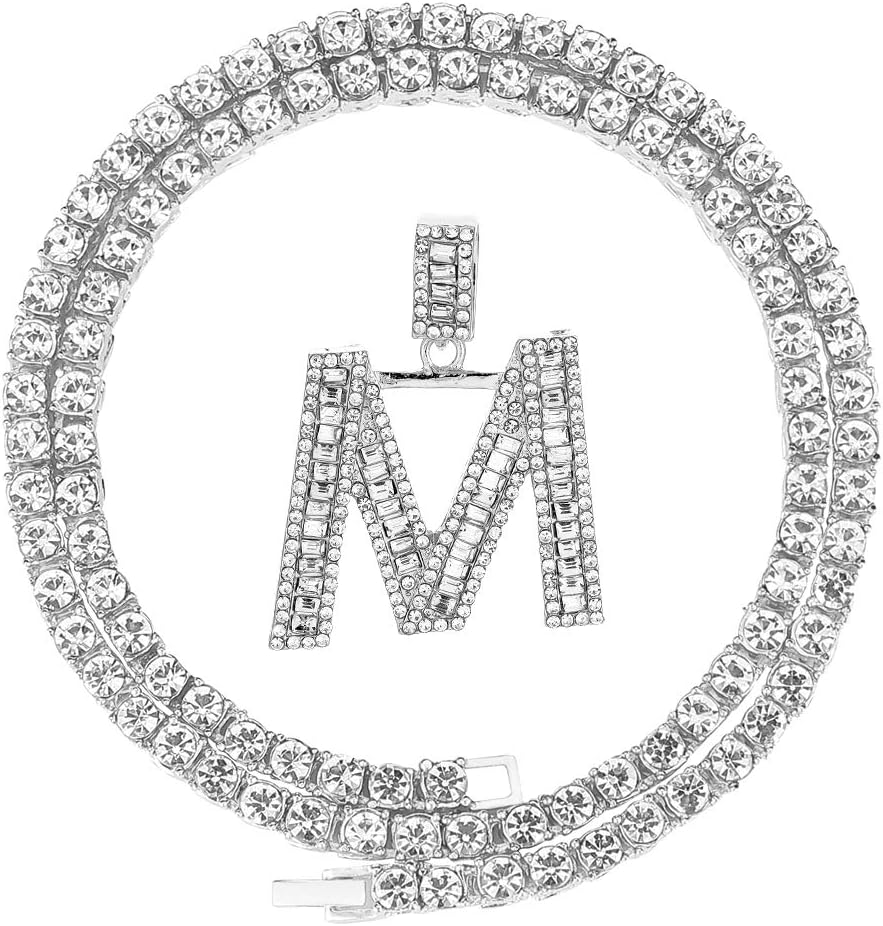 HH Bling Silver Gold Iced Out Baguette Initial Letter Necklaces for Men Women, Big Cz Diamond Capital Letter Pendant A-Z with Rope Tennis Chains