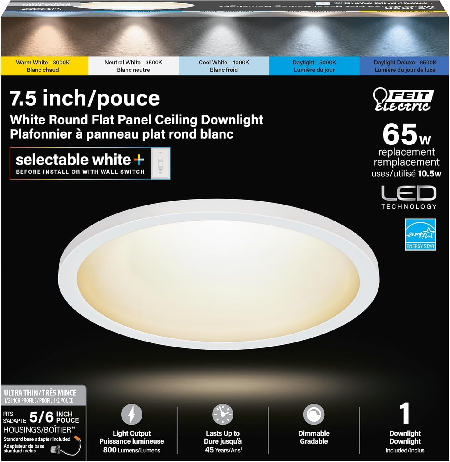 LED Ceiling Downlight, Dimmable Flat Panel Ceiling Light with Color Selection (5CCT), TP24 Adapter Included