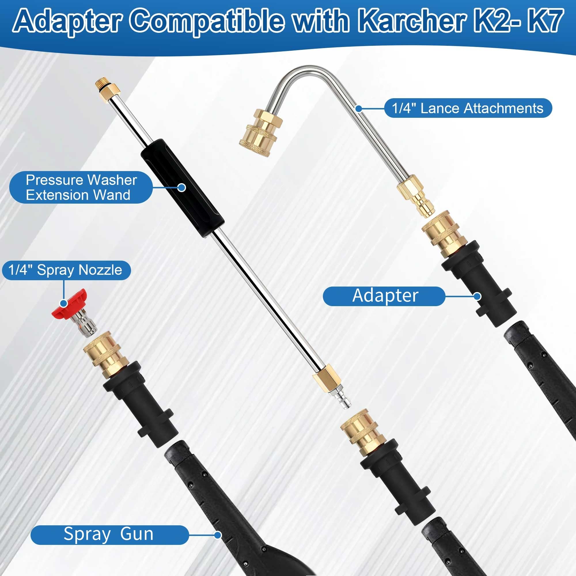 aleawol Set di prolunga per lancia idropulitrice ad alta pressione con adattatore compatibile per Karcher K2-K7, lancia per pulizia tetto con asta curva da 60°/90°, connessione rapida da 1/4", 4000PSI