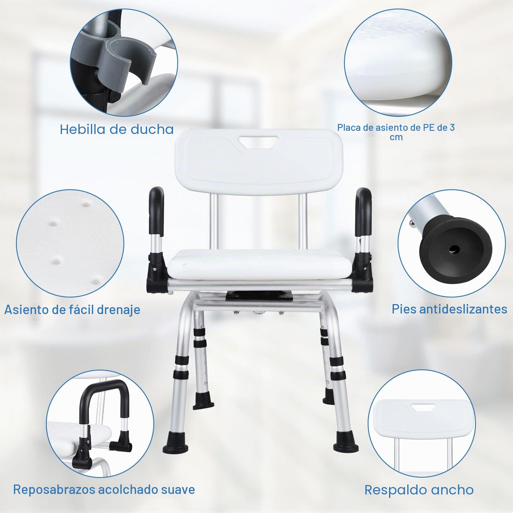 NArra 360° Taburete de Ducha Giratorio, Silla de Ducha Ajustable con Respaldo y Apoyabrazos, Silla de Baño para Embarazadas, Ancianos, Discapacitados, Carga hasta 180kg