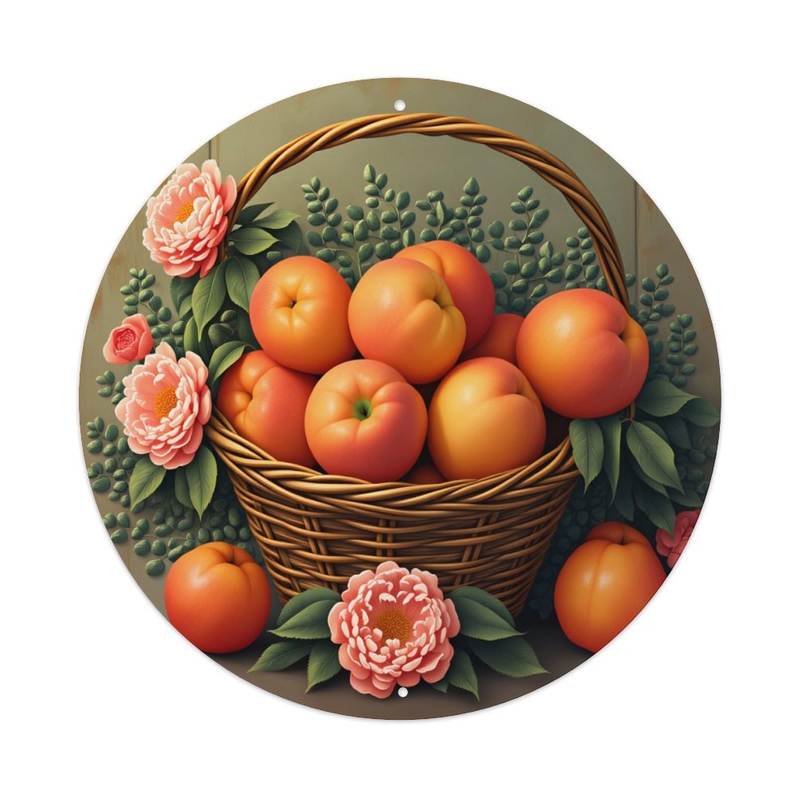 Basket Of Peaches With Flowers And Leaves Metal Tin Sign Plaque