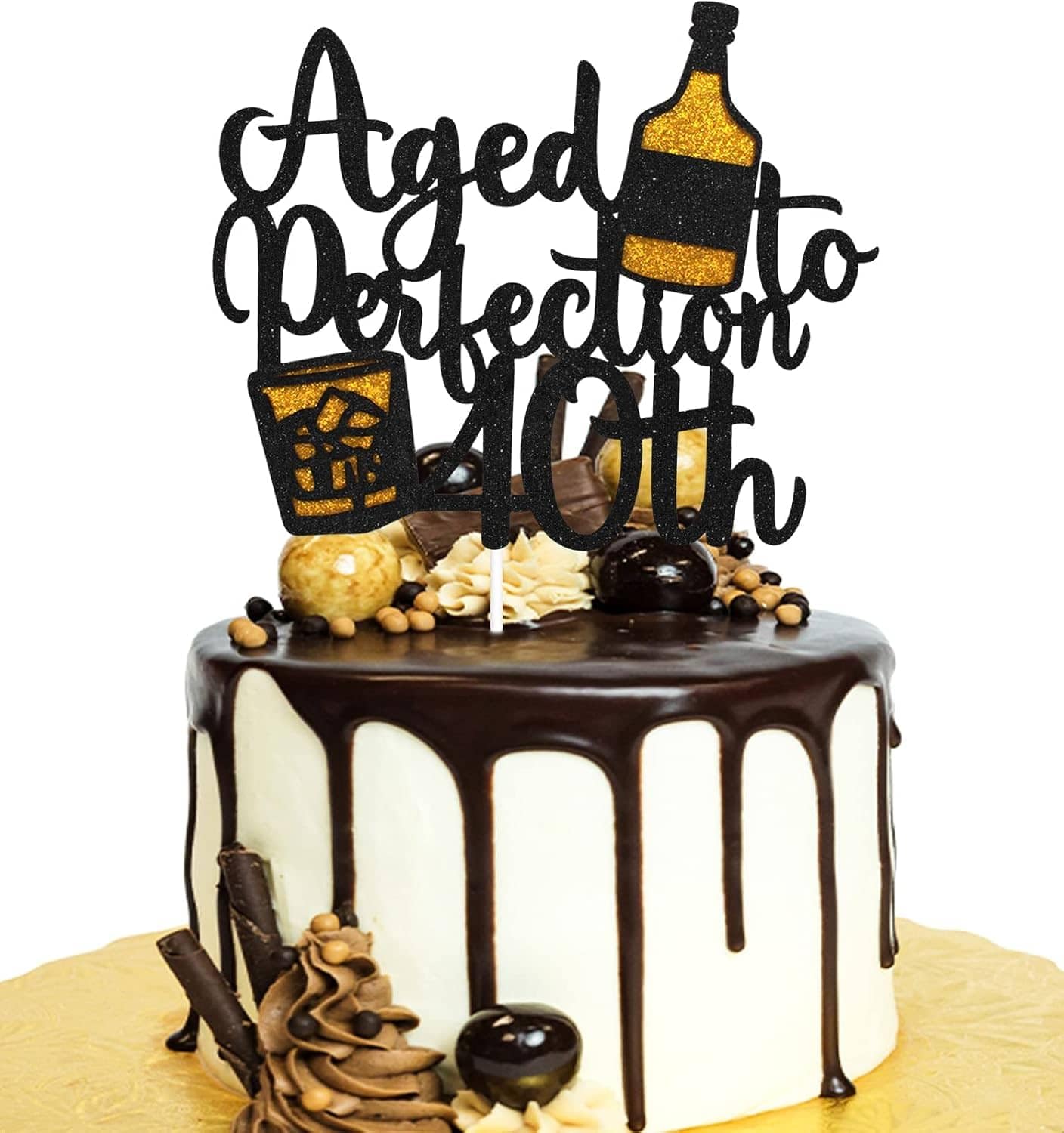 Muiltvoe 40th Birthday Cake Topper for Men, Black and Gold 40 Cake Topper with Beer Pattern, Large 14.7cm Wide Forty Cake Sign, 40th Birthday Decorations for Him Party Supplies