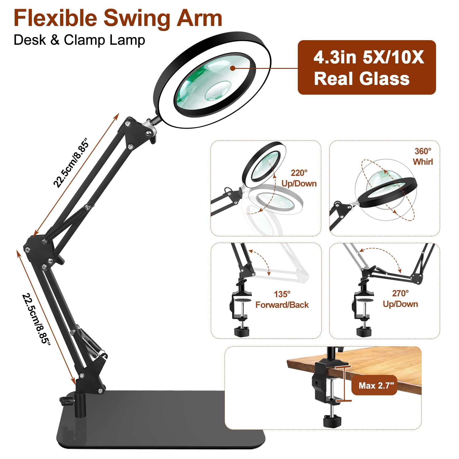 Lupa magnética para soldar de tercera mano, flexible 5X y 10X con luz y soporte, base grande y lámpara de aumento de abrazadera, brazos de soldadura para soldar, manualidades, pasatiempos