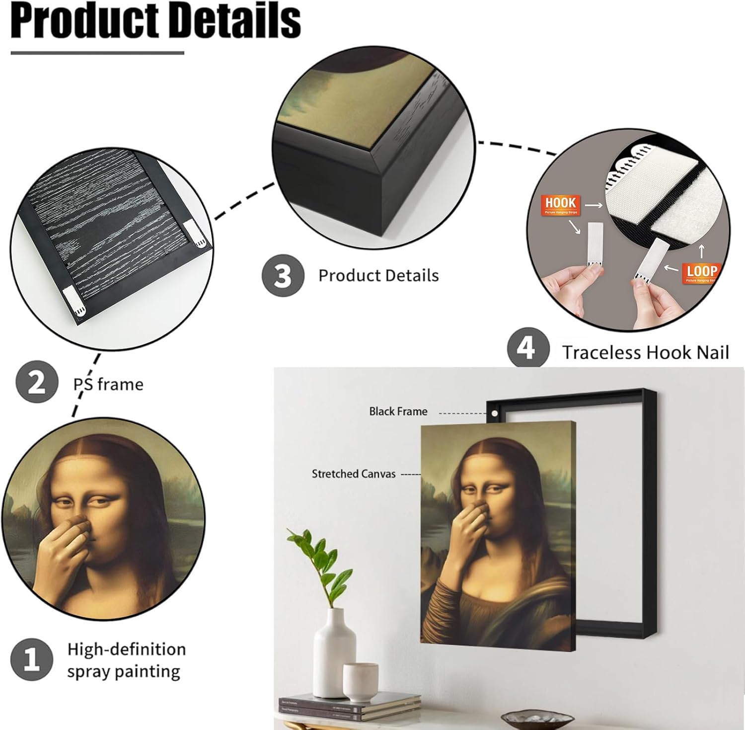 Kabcod Funny Mona Lisa Bathroom Wall Art Pinching Nose Wall Decor Vintage Mona Lisa Classical Painting Picture Humor Amusing Toilet Art Whimsical Poster Canvas Print Bathroom Decoration 16x24in