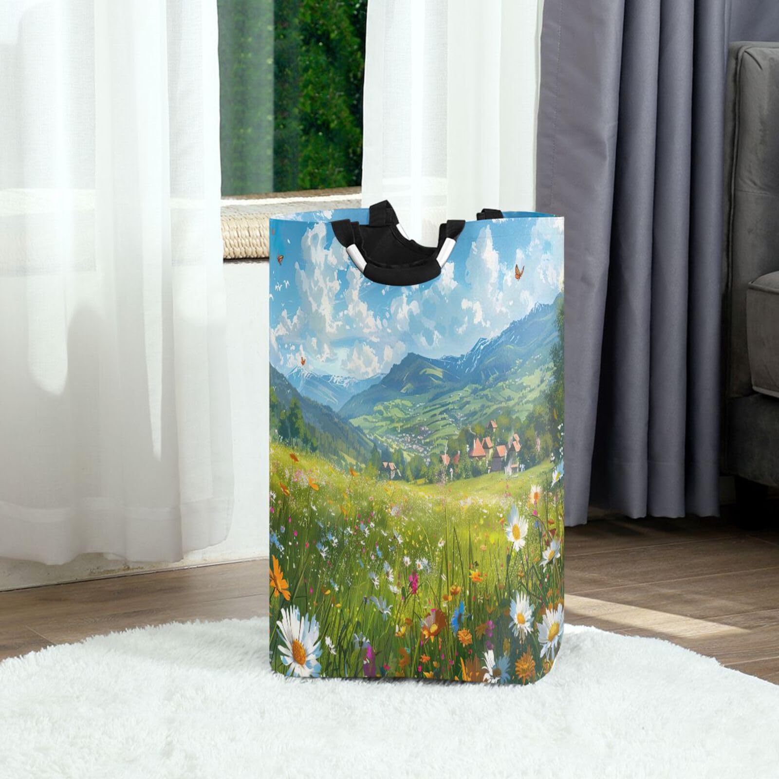 Jihqo Laundry Hamper Basket Beautiful Wildflowers Meadow Collapsible Nursery Storage Bin Waterproof Clothing Baskets for Home Bedroom Bathroom Washing Room